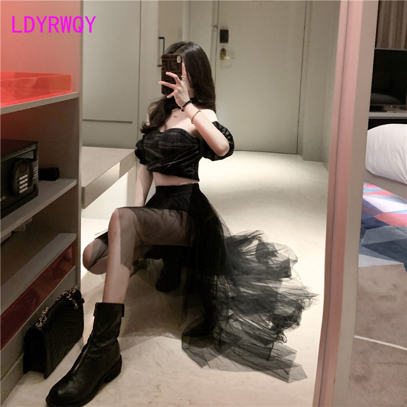 LDYRWQY frauen Hohe Taille Fehlschlag Mesh Rock Kurze Vordere und Lange Zurück 2021 Koreanische Neue Büro Dame Ballkleid knie-Länge – Bild 3