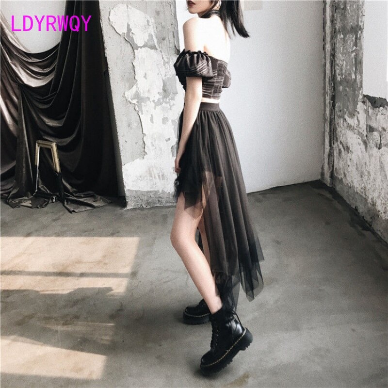 LDYRWQY frauen Hohe Taille Fehlschlag Mesh Rock Kurze Vordere und Lange Zurück 2021 Koreanische Neue Büro Dame Ballkleid knie-Länge – Bild 5