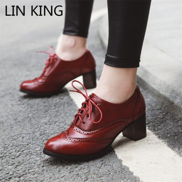 LIN KÖNIG Vintage Frauen Lace Up Pumps Platz Ferse Spitz Hohe Ferse Schuhe Britischen Stil Oxfords Schuhe Low Top student Schuhe