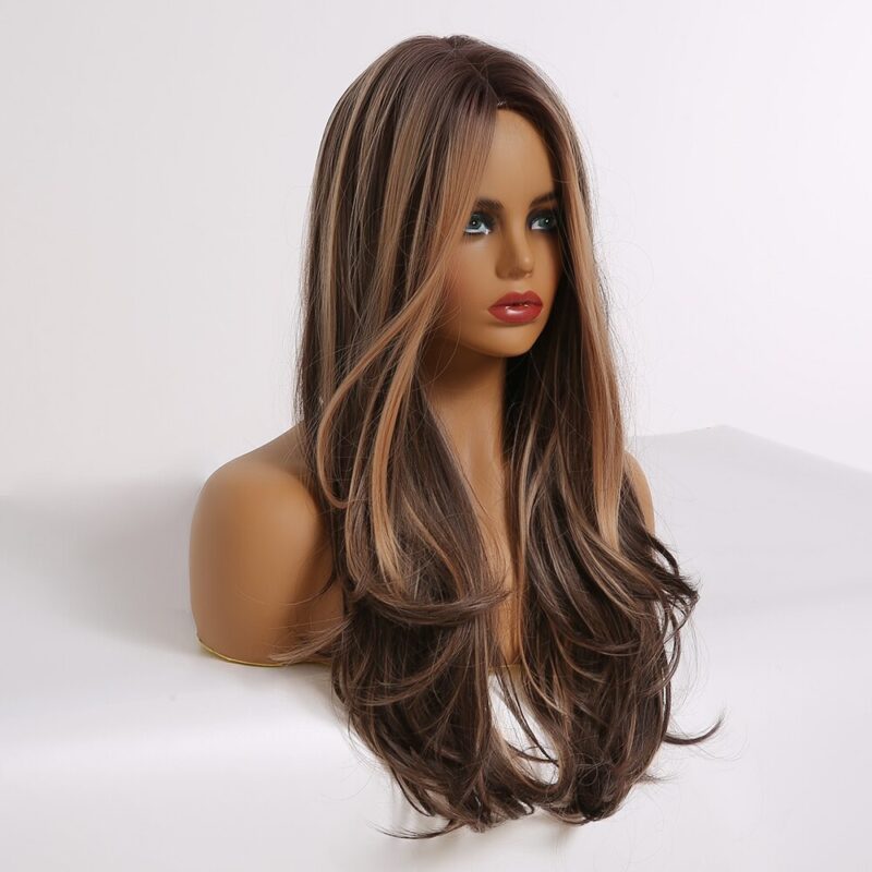 LOUIS FERRE Lange Schwarz Braun Gloden Honig Wellenförmige Perücke mit Highlights Cosplay Synthetische Perücken Frauen Wärme Beständig Mittleren Teil Perücken – Bild 4
