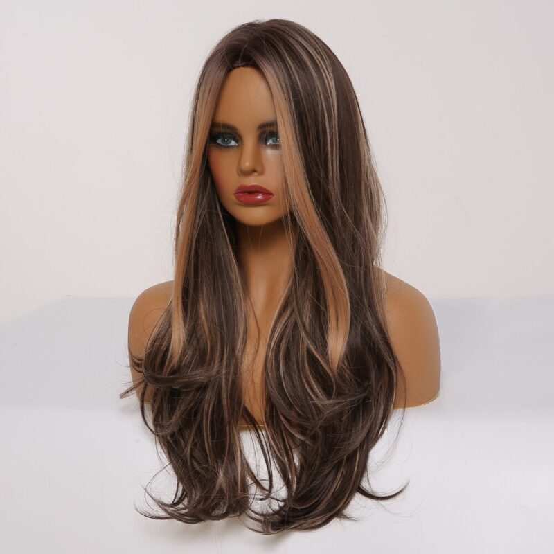 LOUIS FERRE Lange Schwarz Braun Gloden Honig Wellenförmige Perücke mit Highlights Cosplay Synthetische Perücken Frauen Wärme Beständig Mittleren Teil Perücken – Bild 5