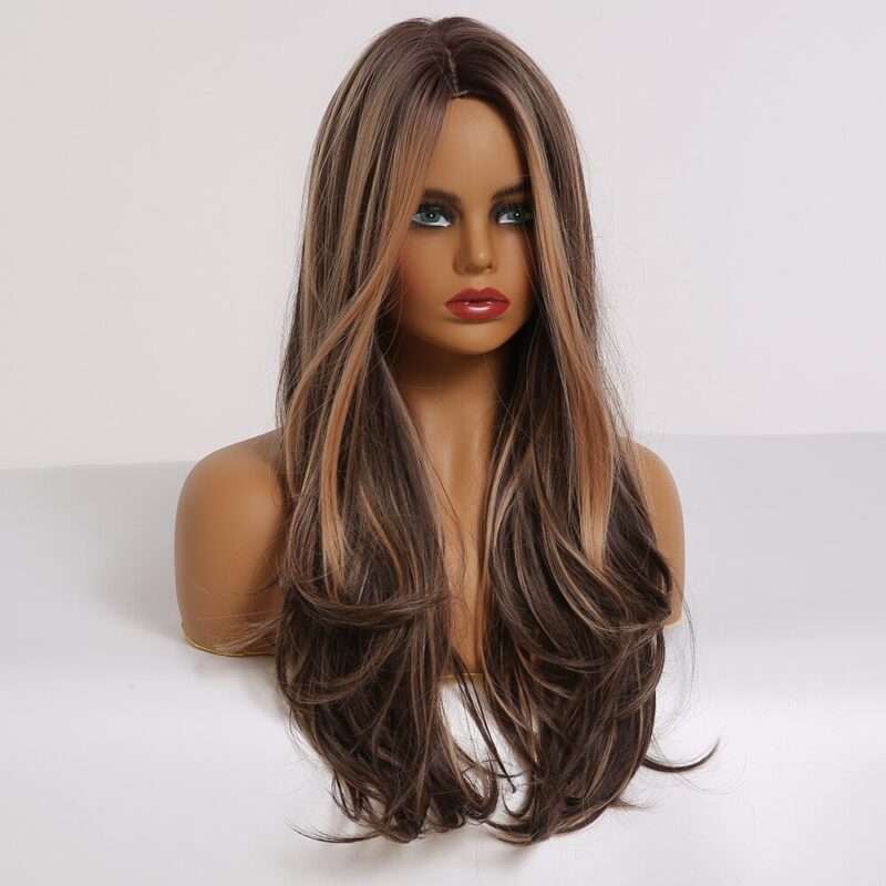 LOUIS FERRE Lange Schwarz Braun Gloden Honig Wellenförmige Perücke mit Highlights Cosplay Synthetische Perücken Frauen Wärme Beständig Mittleren Teil Perücken – Bild 6
