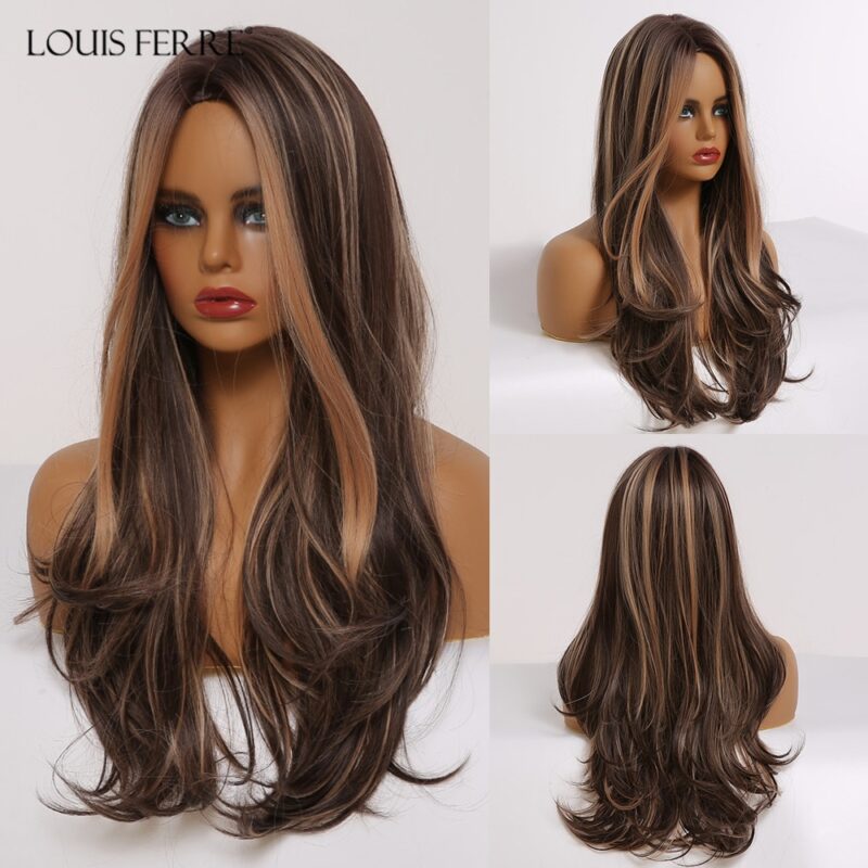 LOUIS FERRE Lange Schwarz Braun Gloden Honig Wellenförmige Perücke mit Highlights Cosplay Synthetische Perücken Frauen Wärme Beständig Mittleren Teil Perücken