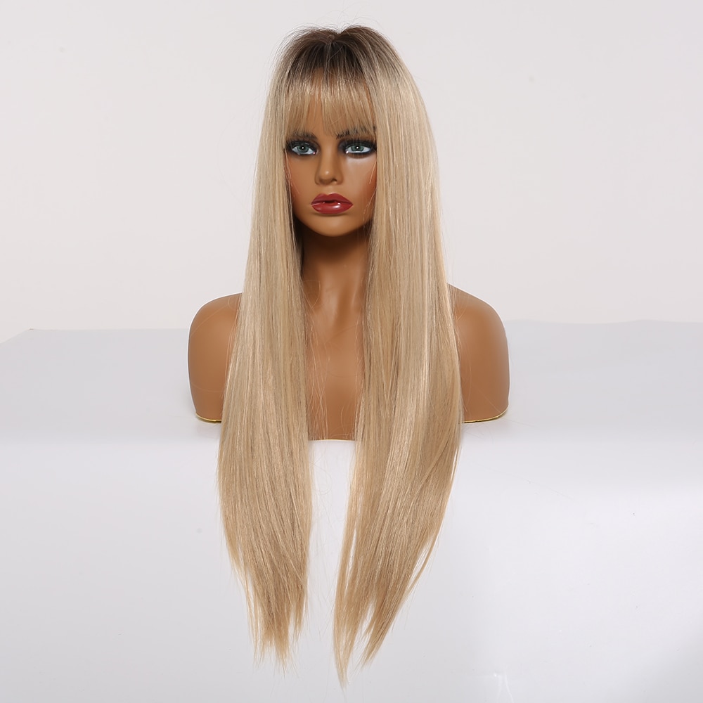 LOUIS FERRE Ombre Schwarz Braun Goldene Synthetische Perücken mit Pony Lange Silk Gerade Cosplay Perücke Für Frau Hitzebeständige Fibre – Bild 5