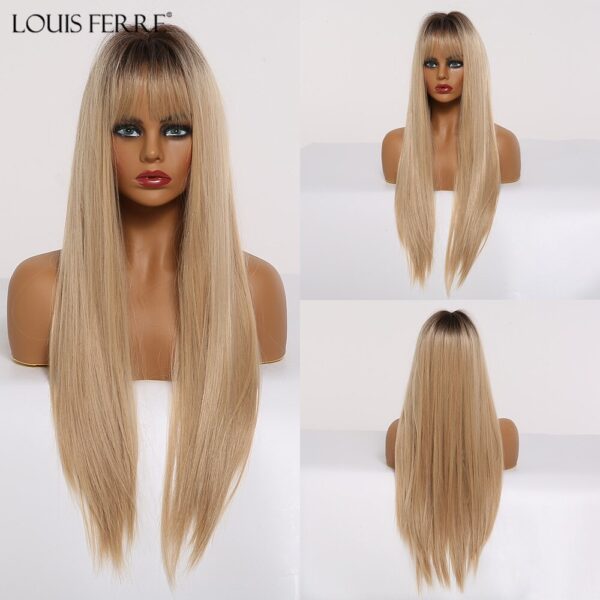 LOUIS FERRE Ombre Schwarz Braun Goldene Synthetische Perücken mit Pony Lange Silk Gerade Cosplay Perücke Für Frau Hitzebeständige Fibre