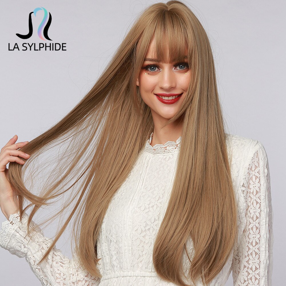 La Sylphide Synthetische Lange Gerade Perücke Wurzel Dunkelbraun Ombre Braun Haar Spitze Dark mit Pony für Frau Perücken Cosplay halloween – Bild 2