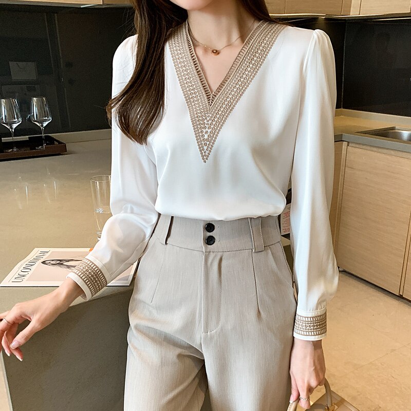 Langarm Weiße Bluse Tops Bluse Frauen Blusas Mujer De Moda 2021 Stickerei V-ausschnitt Chiffon-Bluse Shirt Frauen Blusen E226 – Bild 5