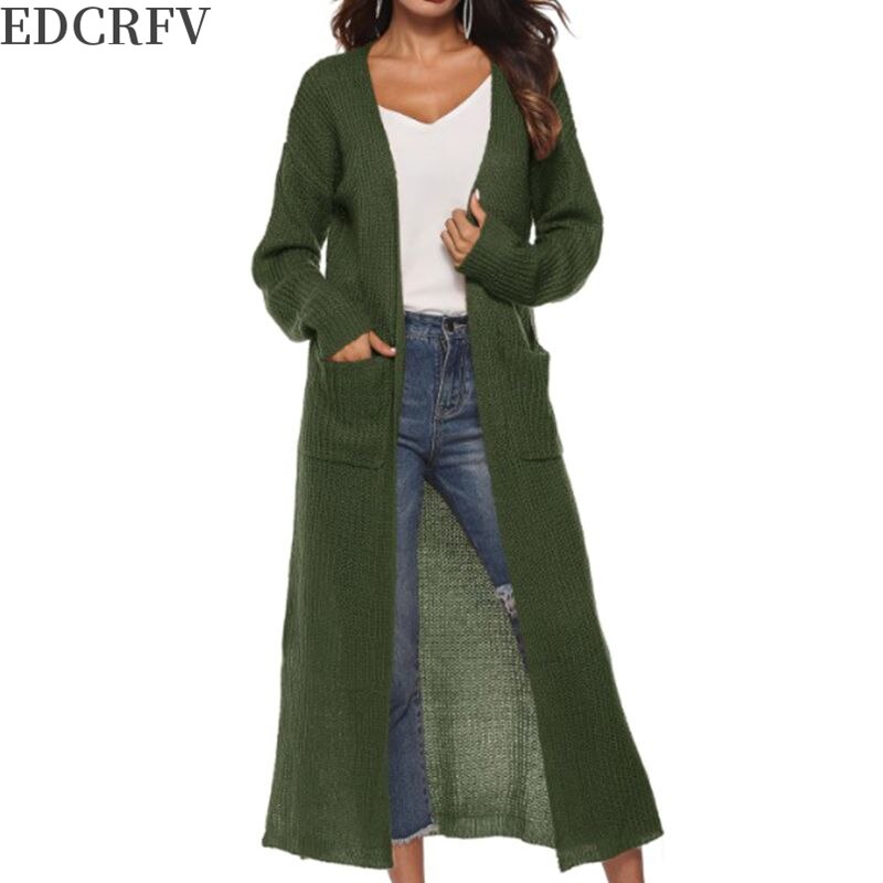 Lange Hülse der frauen Vorne Offen Strickjacke Maxi Lange Seite Split Einfarbig Gestrickte Pullover Unregelmäßigen Dünne Mantel mit Großen Taschen – Bild 4
