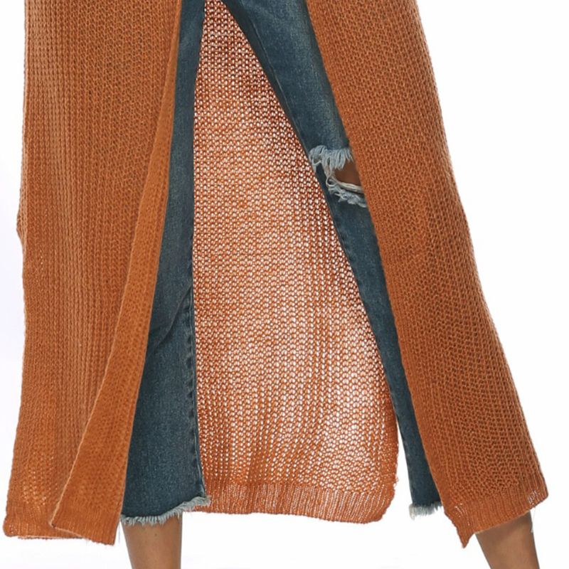 Lange Hülse der frauen Vorne Offen Strickjacke Maxi Lange Seite Split Einfarbig Gestrickte Pullover Unregelmäßigen Dünne Mantel mit Großen Taschen – Bild 5