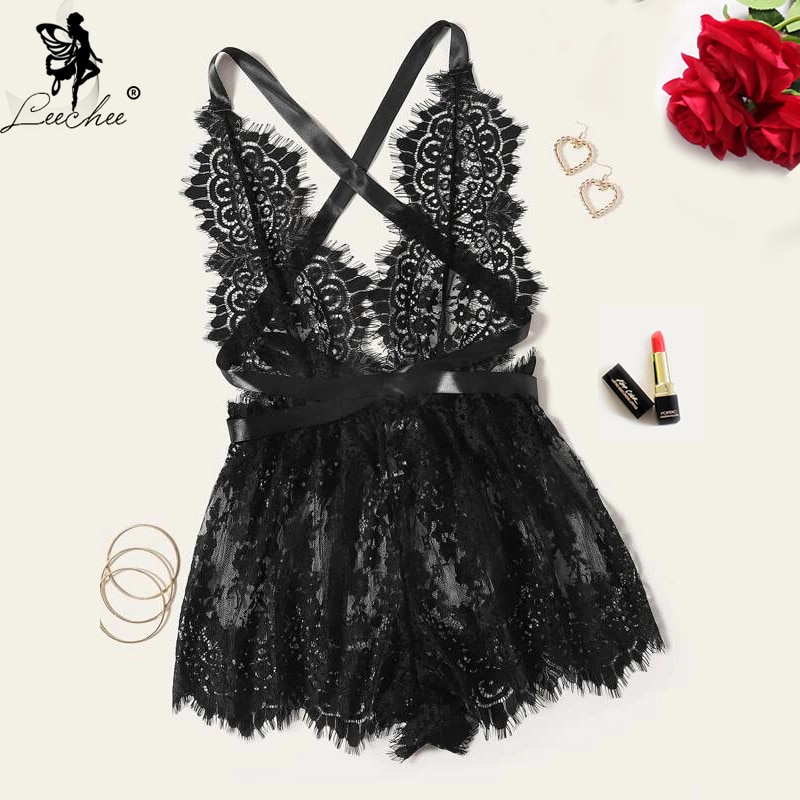 Leechee Sexy Body Floral Spitze Kreuz Sheer Bodys Tiefe V Backless Overall Körper Dessous Frauen Transparent Erotische Kostüme – Bild 3