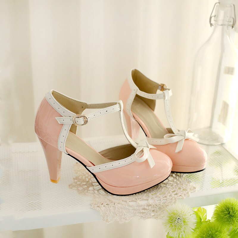 Lolita Schuhe Blau T Band Plattform High Heels Pumpen Bogen Frauen Schuhe Block Absatz Nette Cosplay Schuhe Rosa Weiß Plus größe 43 44 45 – Bild 2