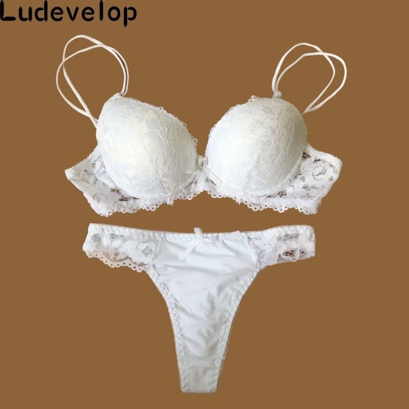 Ludevelop Sexy Tanga Spitze Push-Up Bh Set Dessous Frauen Unterwäsche Setzt Vertrauten Stickerei Floral Schwarz Weiß Bh Kurze Sätze – Bild 2