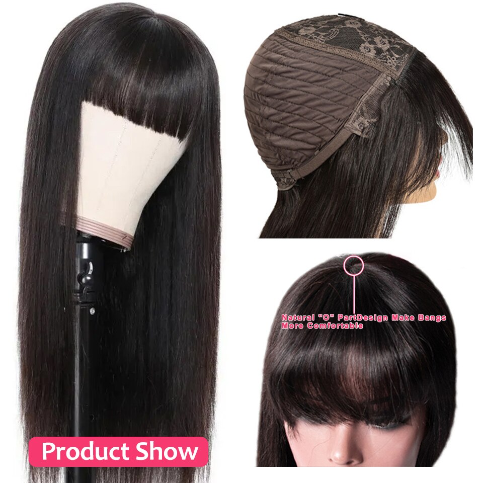 Luduna Gerade Menschliches Haar Perücken Mit Pony Brasilianische Volle Maschine Made Menschliches Haar Perücken Für Frauen 150% Remy Haar Perücke – Bild 2