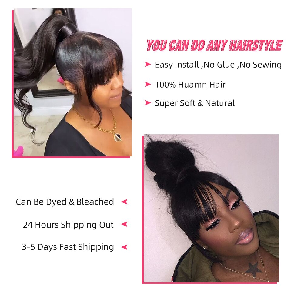 Luduna Gerade Menschliches Haar Perücken Mit Pony Brasilianische Volle Maschine Made Menschliches Haar Perücken Für Frauen 150% Remy Haar Perücke – Bild 3