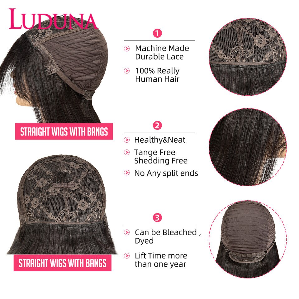 Luduna Gerade Menschliches Haar Perücken Mit Pony Brasilianische Volle Maschine Made Menschliches Haar Perücken Für Frauen 150% Remy Haar Perücke – Bild 5