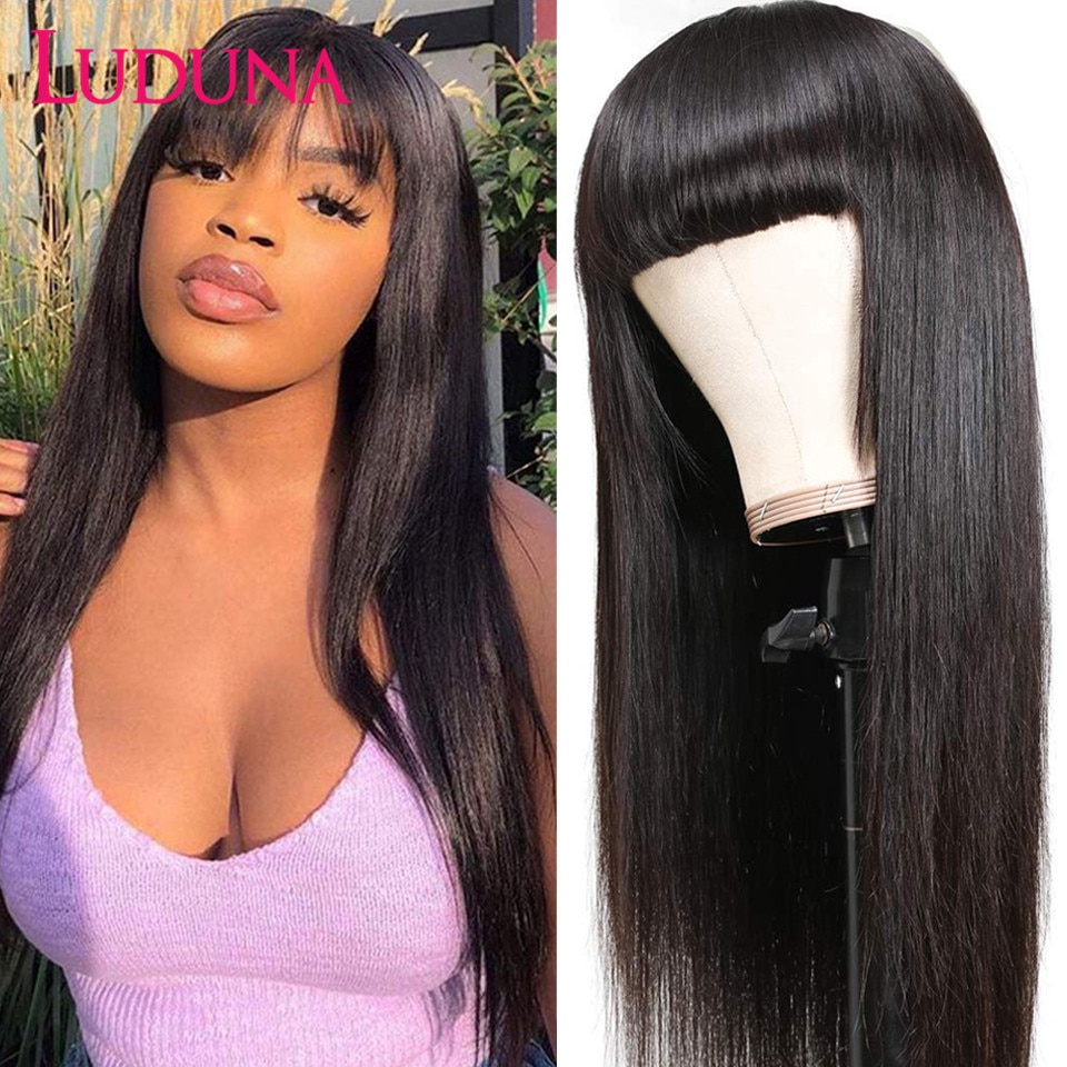 Luduna Gerade Menschliches Haar Perücken Mit Pony Brasilianische Volle Maschine Made Menschliches Haar Perücken Für Frauen 150% Remy Haar Perücke