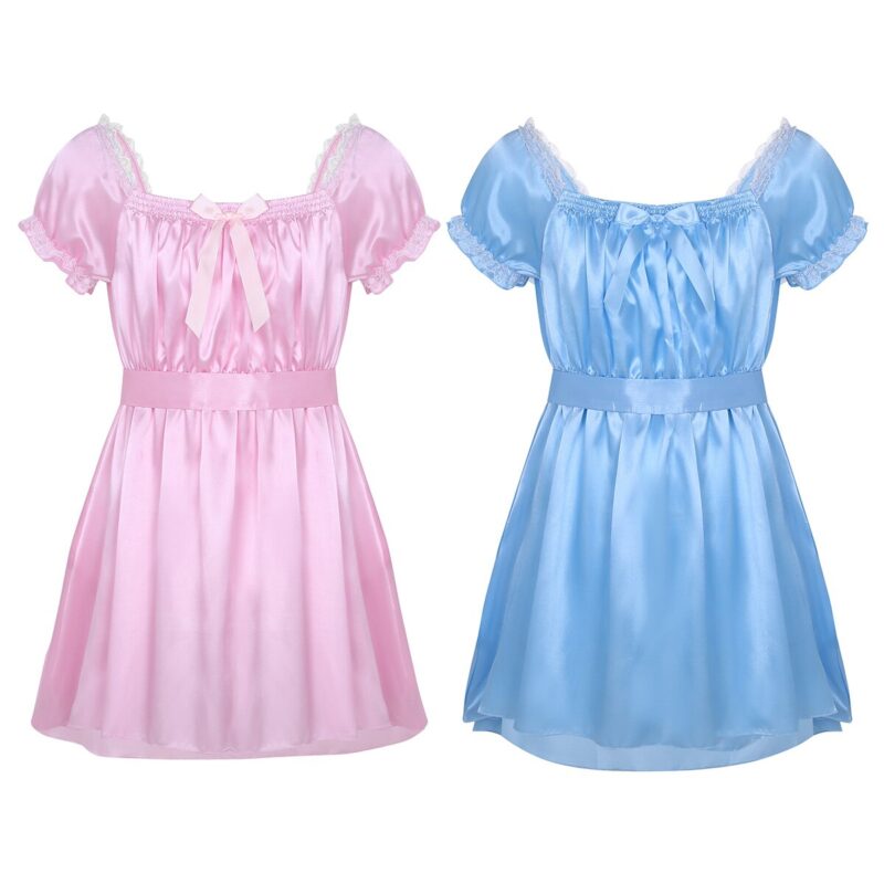 Männer Crossdressing Babydoll Dessous Ruflled Spitze Kurzarm High Low Design Satin Sissy Kleid Sexy Männlichen Homosexuell Chemises Nachtwäsche – Bild 3