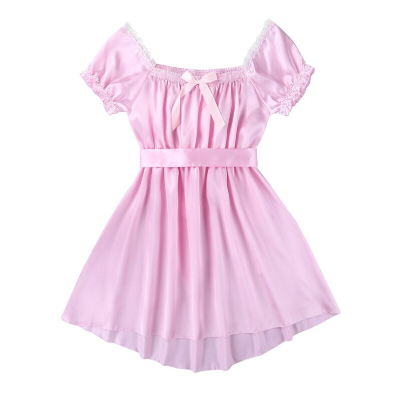 Männer Crossdressing Babydoll Dessous Ruflled Spitze Kurzarm High Low Design Satin Sissy Kleid Sexy Männlichen Homosexuell Chemises Nachtwäsche – Bild 6