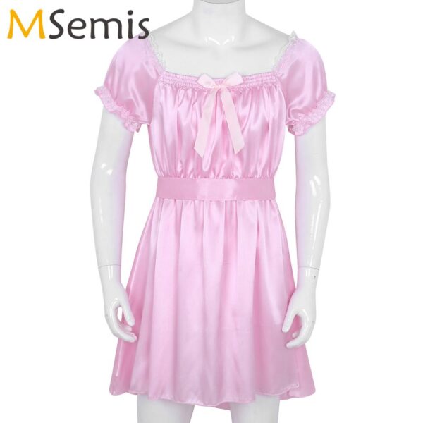 Männer Crossdressing Babydoll Dessous Ruflled Spitze Kurzarm High Low Design Satin Sissy Kleid Sexy Männlichen Homosexuell Chemises Nachtwäsche