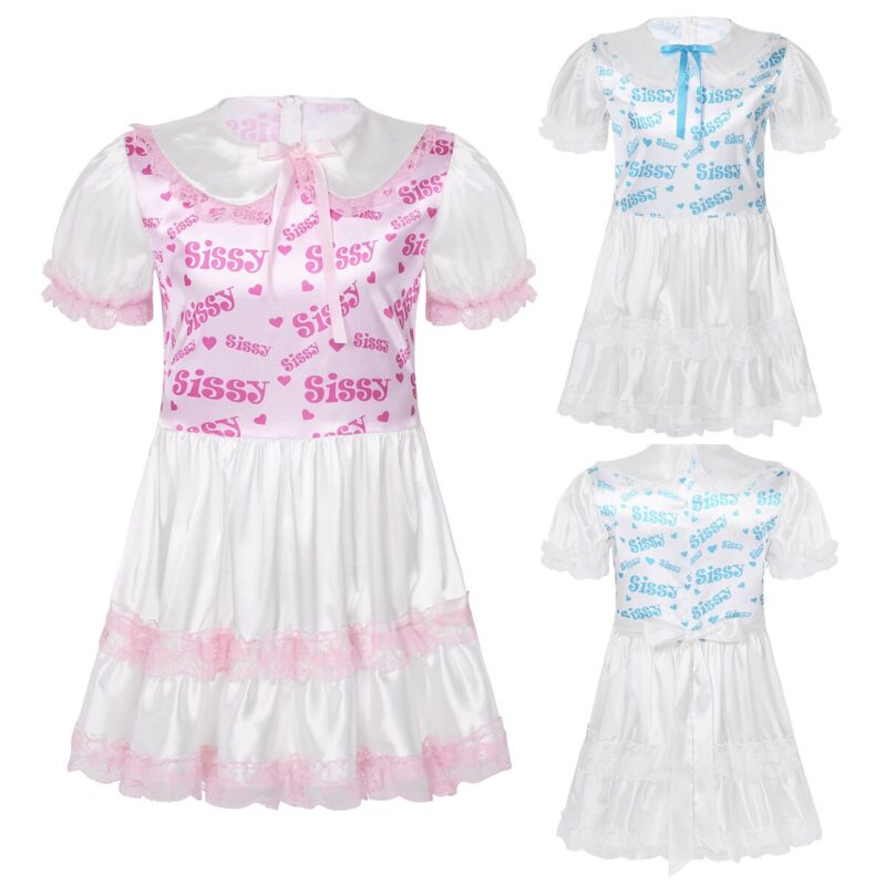 Männer Erwachsene Dessous Seidige Satin Puff Ärmeln Nachtwäsche Spitze Getrimmt Rüschen Sissy Kleid Erwachsene Baby Crossdresser Roleplay Kostüm – Bild 2