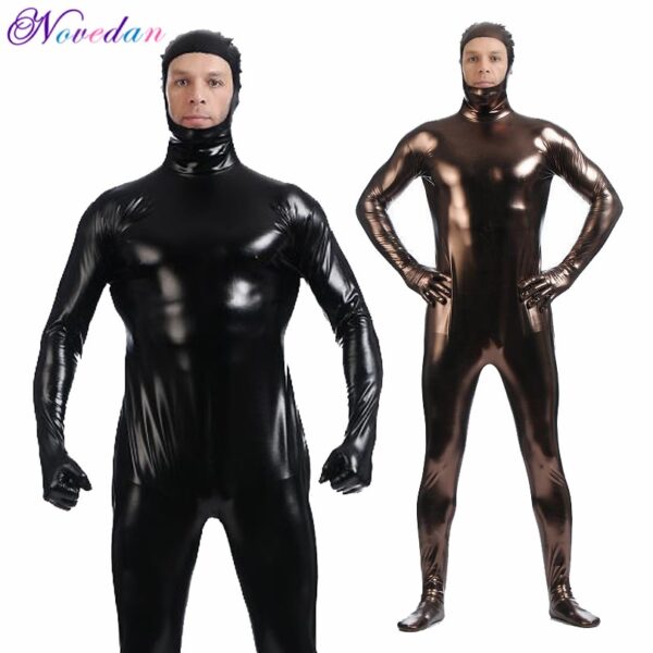 Männer Metallic Wetlook Latex Open Gesicht Ein Stück Body Zentai Anzug Shinny Faux Leder Catsuit Fetisch Cosplay Kostüm Club Tragen