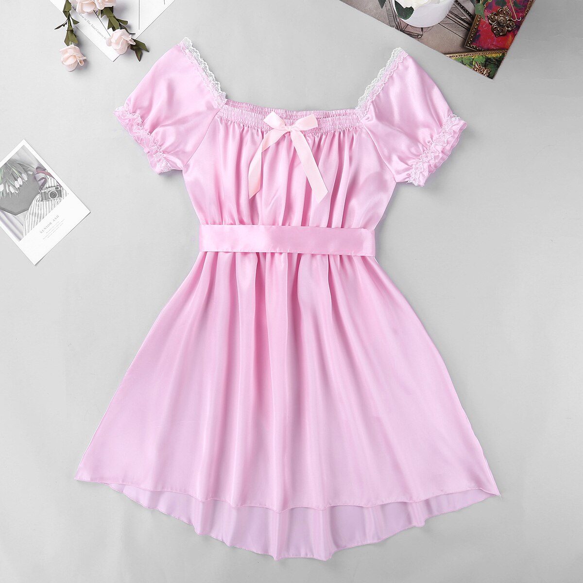 Männer Sissy Crossdresser Kleider Dessous Sexy Hot Homosexuell Unterwäsche Puff Hülse U Neck Glänzenden Weichen Satin Kleid Nacht Robe Nachtwäsche – Bild 2
