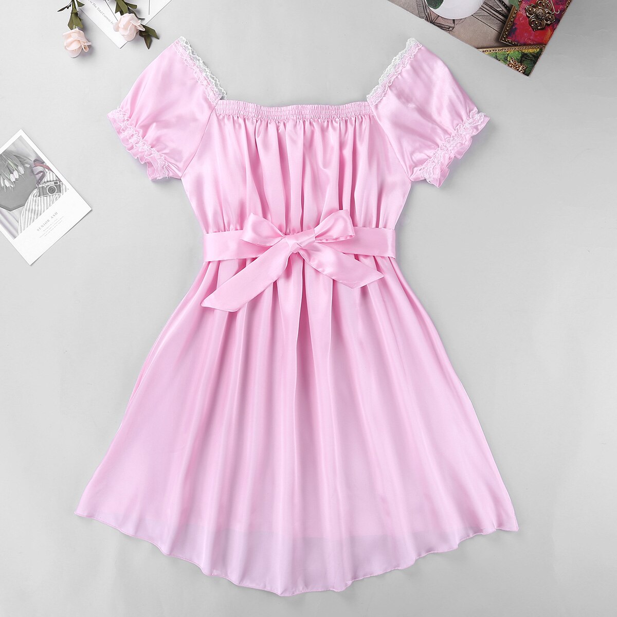 Männer Sissy Crossdresser Kleider Dessous Sexy Hot Homosexuell Unterwäsche Puff Hülse U Neck Glänzenden Weichen Satin Kleid Nacht Robe Nachtwäsche – Bild 3