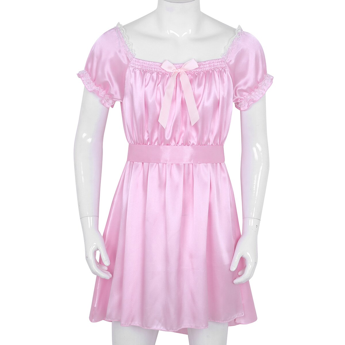 Männer Sissy Crossdresser Kleider Dessous Sexy Hot Homosexuell Unterwäsche Puff Hülse U Neck Glänzenden Weichen Satin Kleid Nacht Robe Nachtwäsche – Bild 4