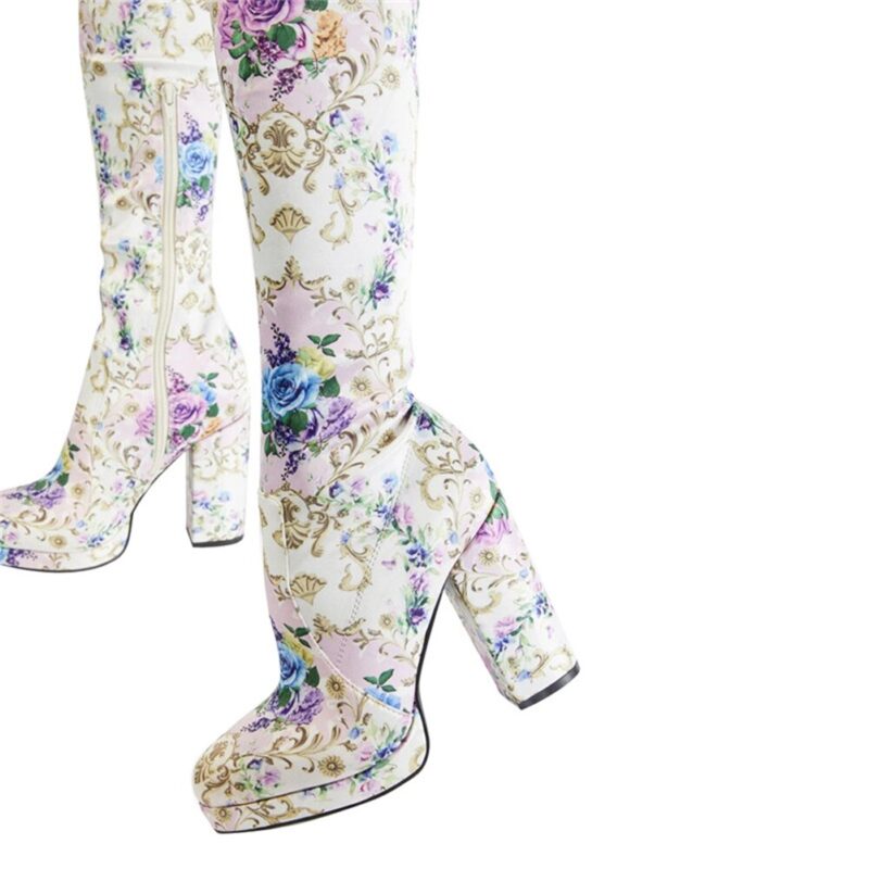 Marke Neue Große größe 44 Blumen Gedruckt Plattform High Heels Partei Winter Herbst Frauen Schuhe Über Das Knie Stiefel – Bild 3