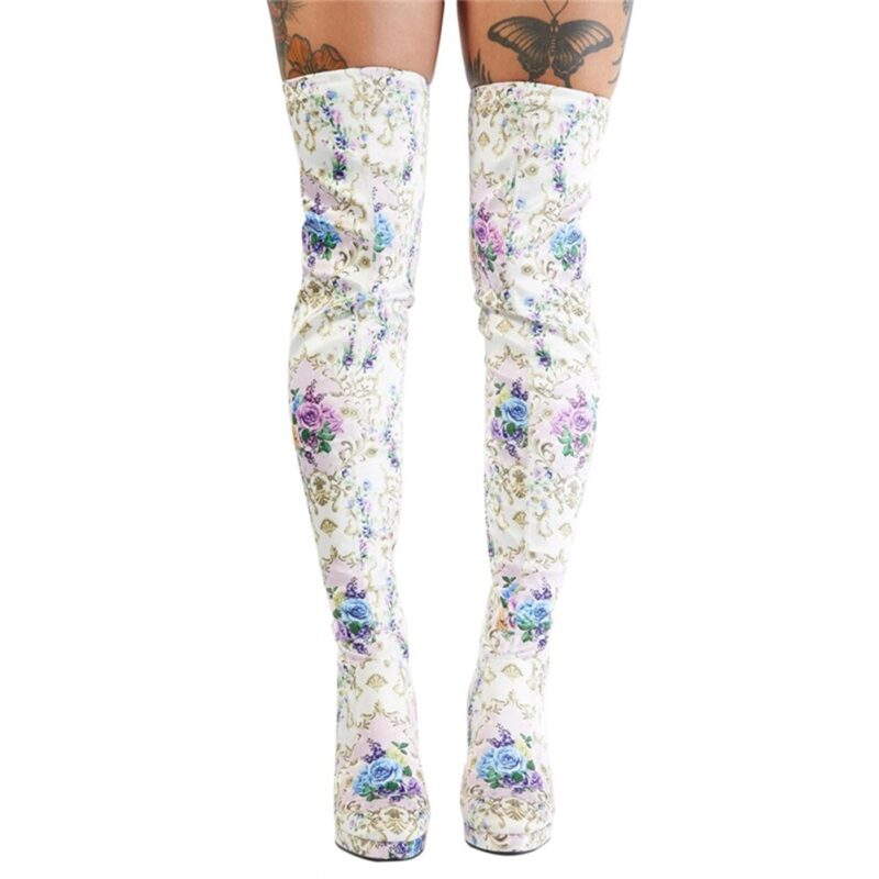 Marke Neue Große größe 44 Blumen Gedruckt Plattform High Heels Partei Winter Herbst Frauen Schuhe Über Das Knie Stiefel – Bild 4