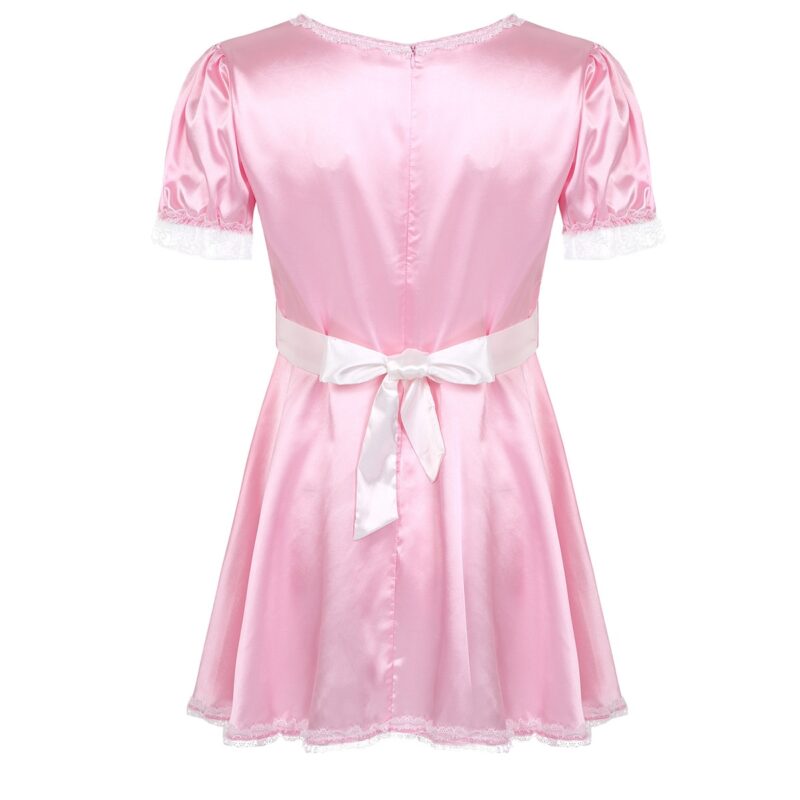 Mens Sexy Sissy Crossdresser Maid Kleid Square Neck Spitze Saum Seidige Satin Kleid mit Schürze Dessous Sissy Crossdressing Kostüm – Bild 2
