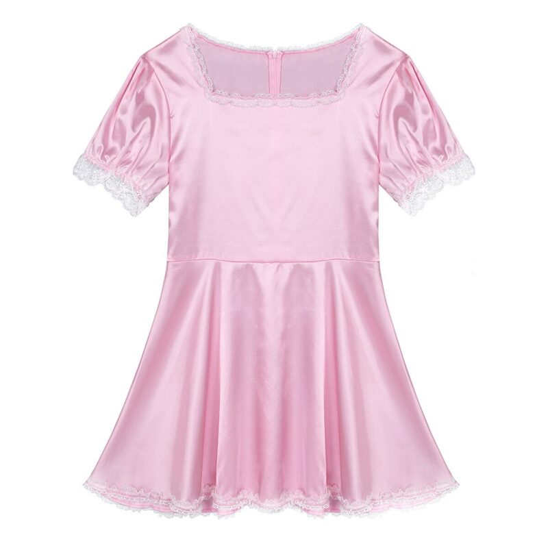 Mens Sexy Sissy Crossdresser Maid Kleid Square Neck Spitze Saum Seidige Satin Kleid mit Schürze Dessous Sissy Crossdressing Kostüm – Bild 3