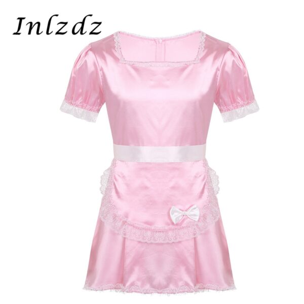 Mens Sexy Sissy Crossdresser Maid Kleid Square Neck Spitze Saum Seidige Satin Kleid mit Schürze Dessous Sissy Crossdressing Kostüm