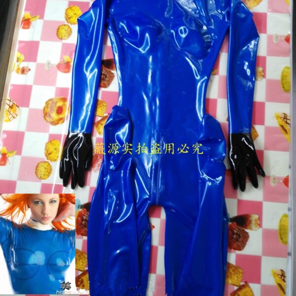 Metallic Blau Latex Catsuit Frauen Gummi Bodys 3d Brust mit Zurück Gabelung Zipper