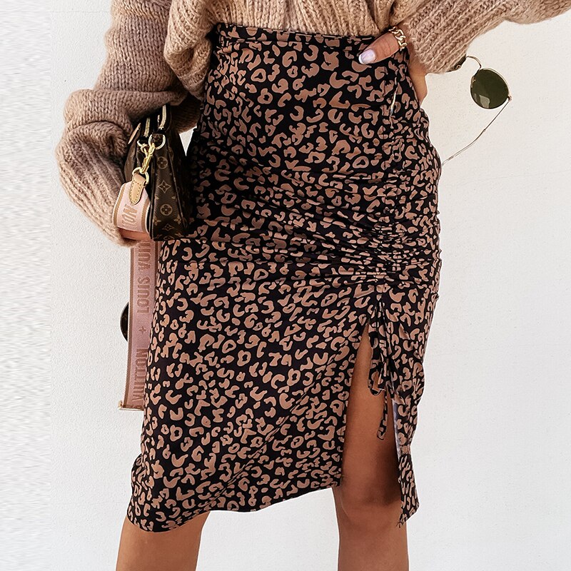 Midi Rock Frauen Leopard Frühling Spitze Up Slit Bodycon Hohe Taille Kordelzug Gedruckt Sexy Rock Casual Büro 2021 Weiblichen Rock
