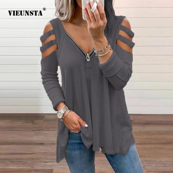 Mode Chic Aushöhlen Langarm Tops Dame Elegante Zip V-ausschnitt Solide Blusen Shirts 2021 Frühling Casual Frauen Blusas Sweatshirt