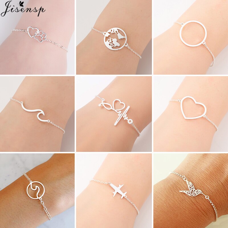 Mode Edelstahl Armbänder für Frauen Einstellbar Kette Charme Armband Einfache Welt Karte Herz Pfote Armreifen Freundschaft Geschenk