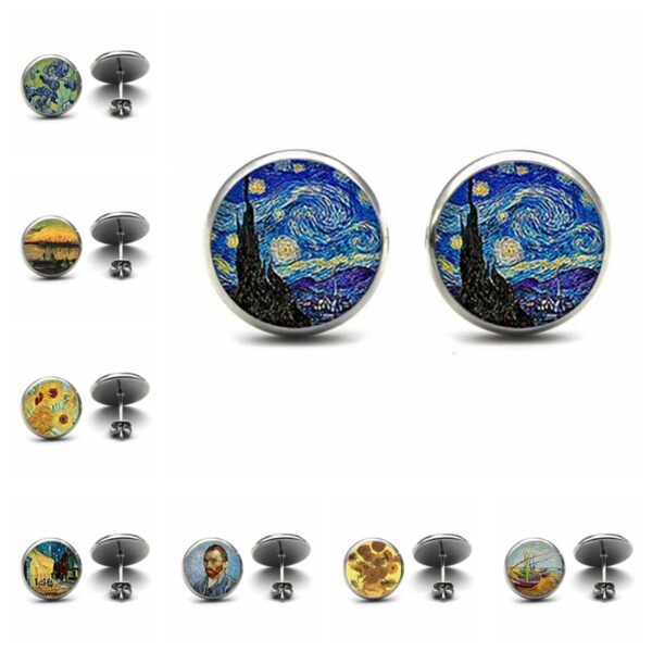 Mode Van Gogh Malerei Stud Ohrringe kunst Die Starry Nacht Ohr Studs Van Gogh Sonnenblumen Runde Schmuck Glas Dome Ohrringe