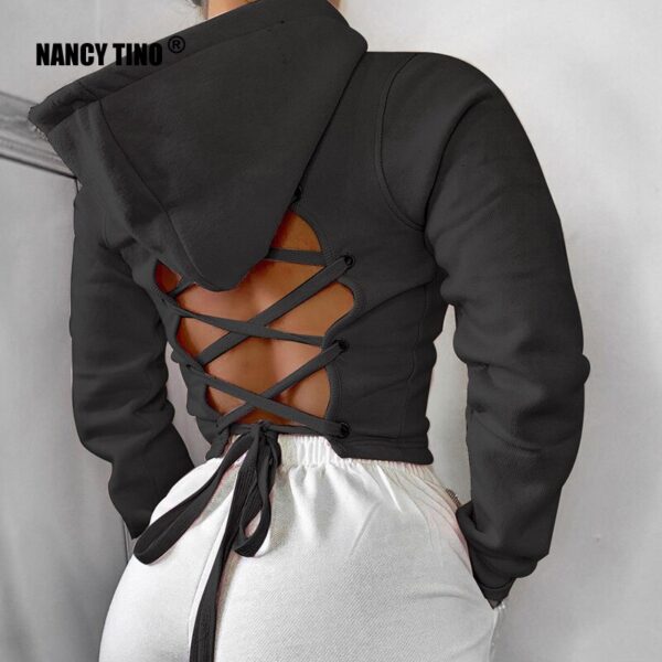 NANCY TINO Kreuz Bandage Bandage Halter Schwarz Hoodie Sweatshirt Damen Langarm Rosa Pullover Top