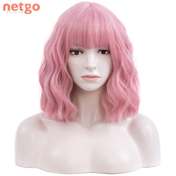 Netgo Kurze Bob Wellenförmige Synthetische Perücke mit Pony Rosa Blonde Schwarz Bob Haar Hitze Beständig Perücke für Frauen Partei Cosplay täglichen Verschleiß