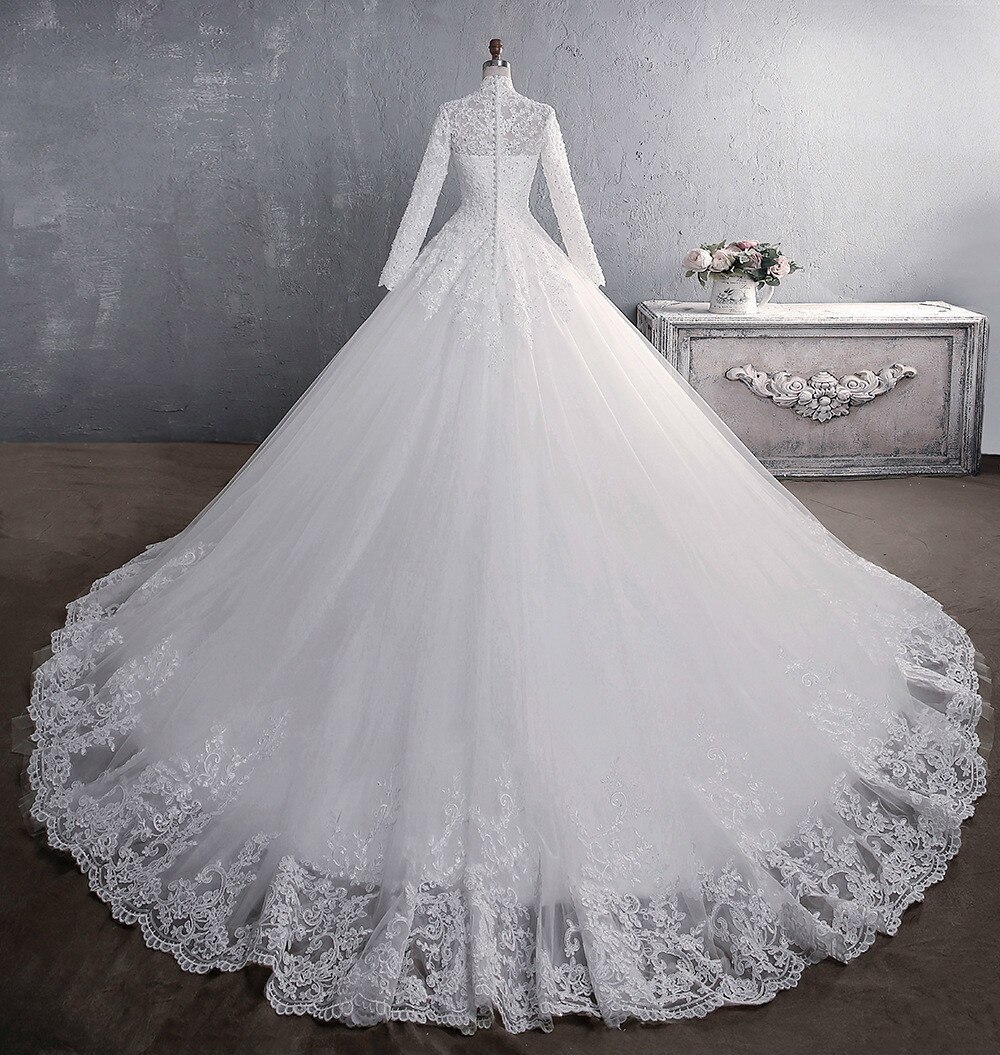 Neue Romantische Süße Elegante Prinzessin Luxus Spitze Hochzeit Kleid 100 cm Langen Ärmeln Appliques Promi Ballkleid vestido De Noiva – Bild 3