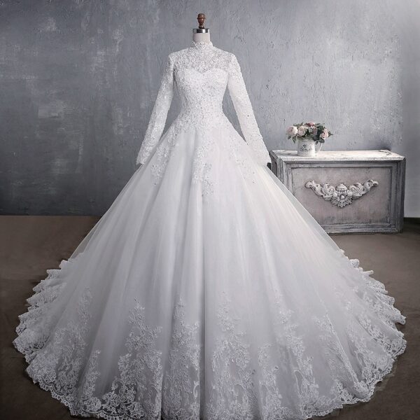 Neue Romantische Süße Elegante Prinzessin Luxus Spitze Hochzeit Kleid 100 cm Langen Ärmeln Appliques Promi Ballkleid vestido De Noiva