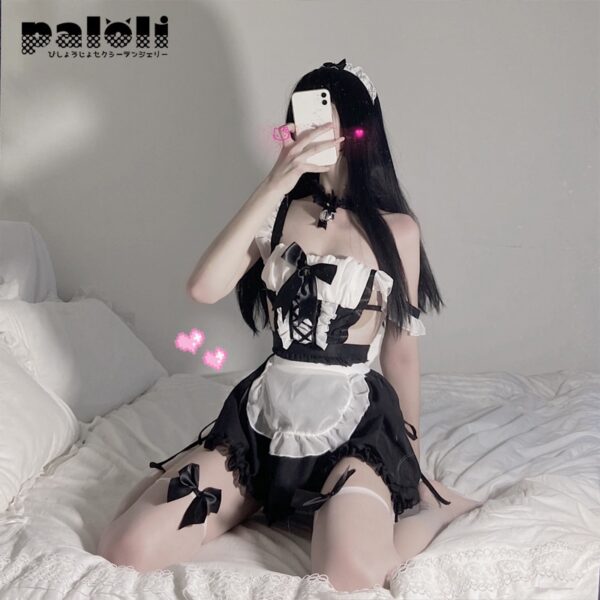 Neue Sexy Bogen Backless Krawatte Schürze Erotische Kostüme Chiffon Perspektive Nette Maid Rolle Spielen Sex Schwarz Anzug für Erwachsene Frauen heißer Verkauf