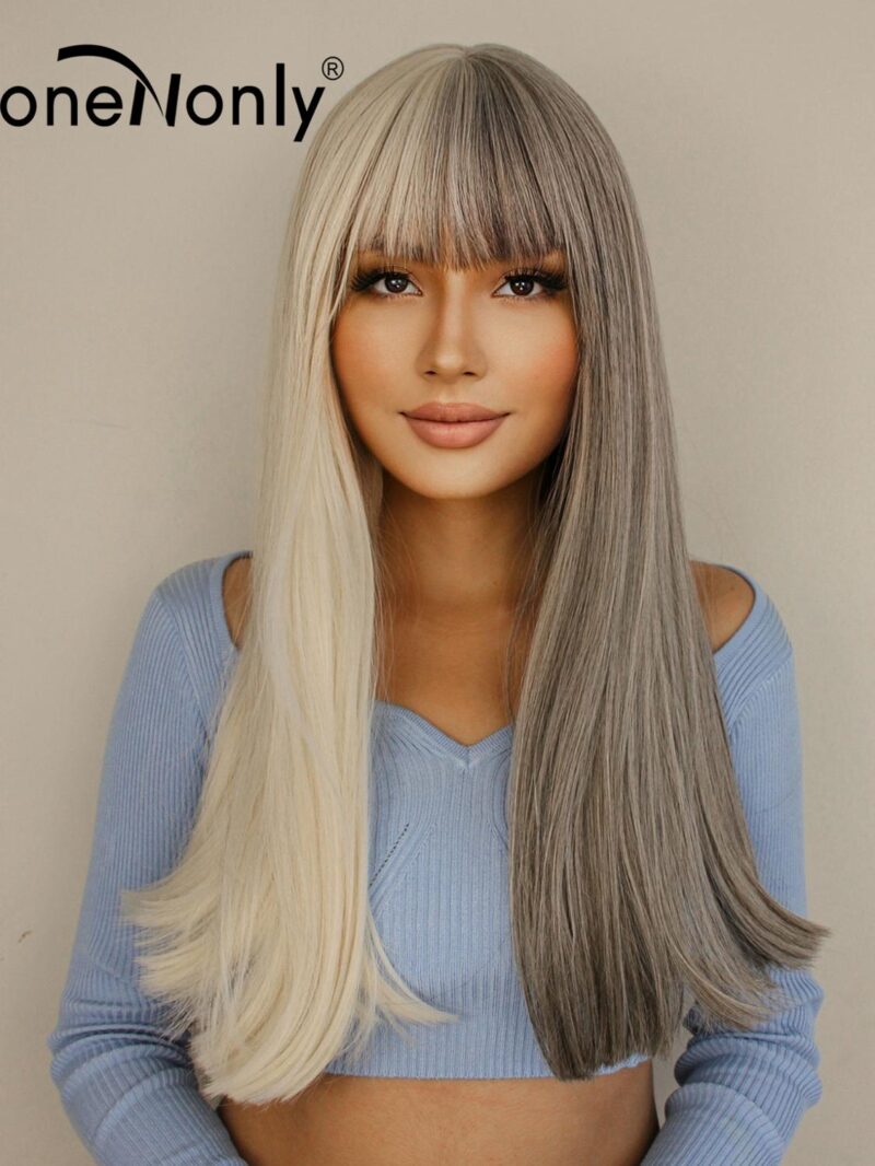 OneNonly Lange Gerade Licht Blonde und Grau Ton Zwei Omber Synthetische Perücken mit Pony für Frauen Weihnachten Cosplay Partei Haar – Bild 2