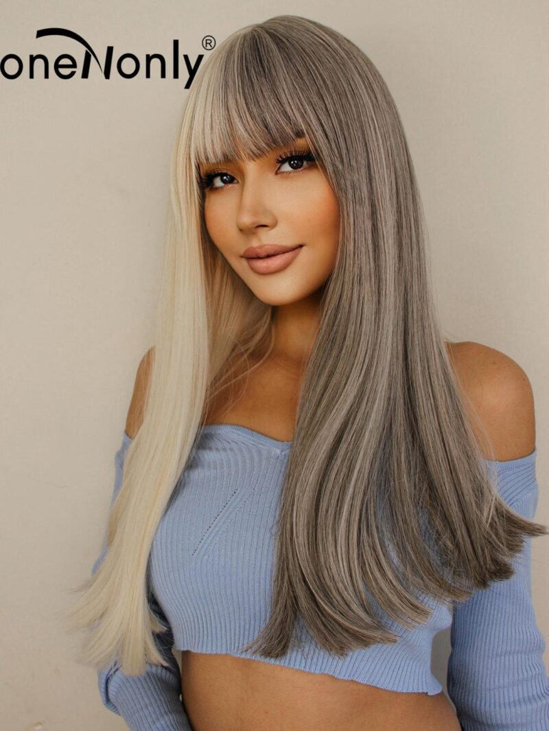 OneNonly Lange Gerade Licht Blonde und Grau Ton Zwei Omber Synthetische Perücken mit Pony für Frauen Weihnachten Cosplay Partei Haar – Bild 3