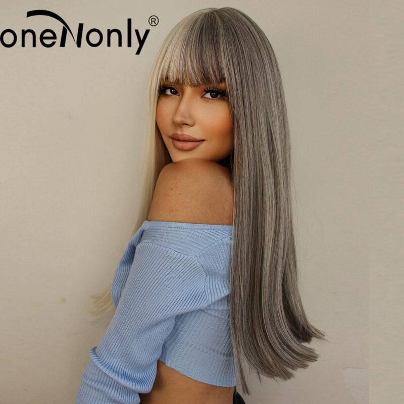 OneNonly Lange Gerade Licht Blonde und Grau Ton Zwei Omber Synthetische Perücken mit Pony für Frauen Weihnachten Cosplay Partei Haar – Bild 4