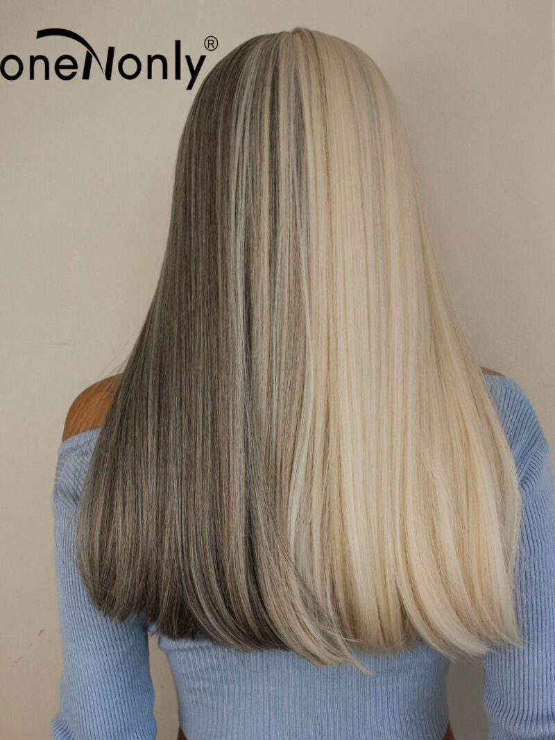 OneNonly Lange Gerade Licht Blonde und Grau Ton Zwei Omber Synthetische Perücken mit Pony für Frauen Weihnachten Cosplay Partei Haar – Bild 5