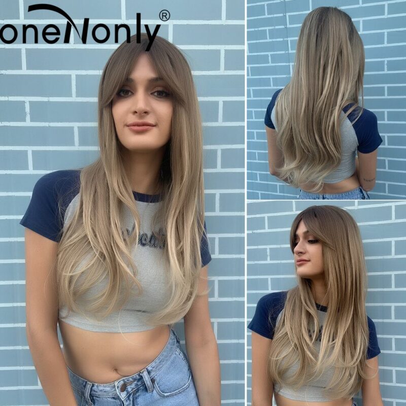 OneNonly Lange Gerade Licht Blonde und Grau Ton Zwei Omber Synthetische Perücken mit Pony für Frauen Weihnachten Cosplay Partei Haar – Bild 6