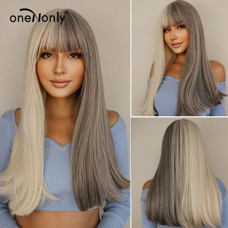 OneNonly Lange Gerade Licht Blonde und Grau Ton Zwei Omber Synthetische Perücken mit Pony für Frauen Weihnachten Cosplay Partei Haar