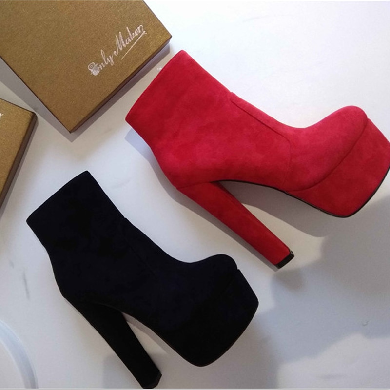 Onlymaker Frauen Plattform Runde Kappe Stiefeletten Stiefel Starke Absatz Schwarz Und Rot Seite Zip Damen Booties Plus Größe US5 ~ US15